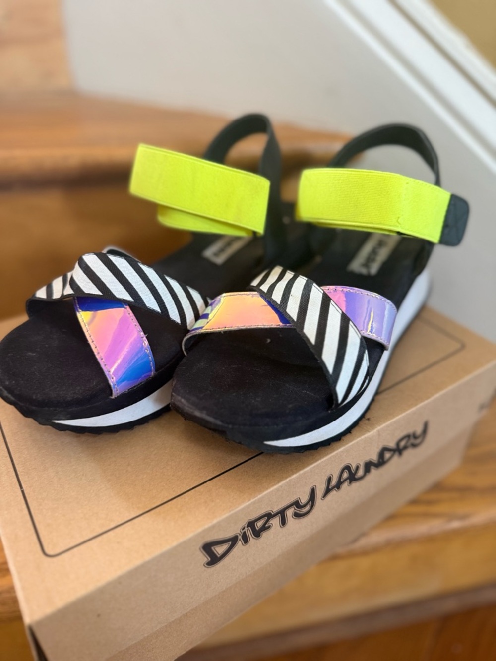 Dirty Laundry Neon Yellow, Black & White Striped Iridescent Wedge Sandals